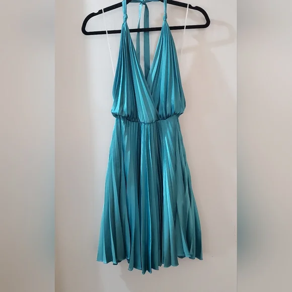 Aqua blue green satin pleated party dress, XS, halter, backless, Lillie Rubin - Picture 1 of 10